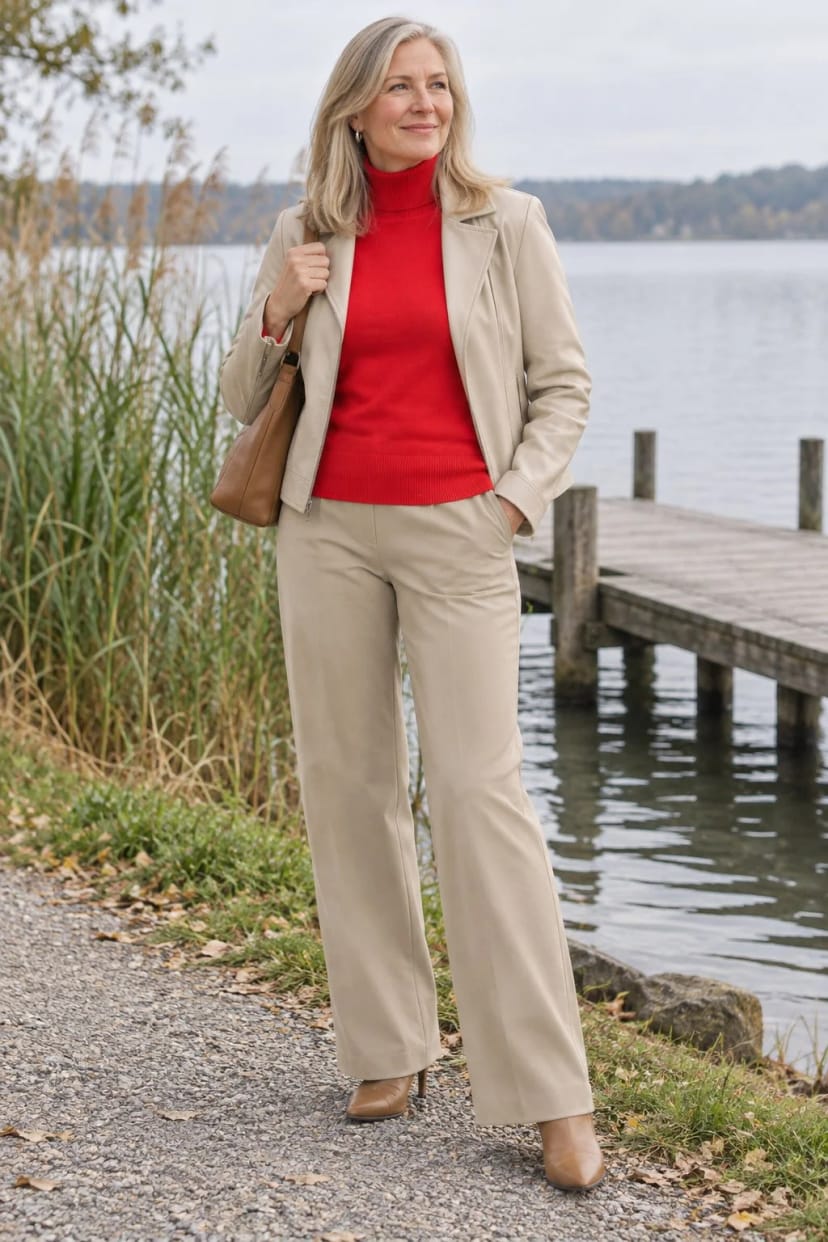 Frau trägt Lavarot zur weiten Hose in Beige – Herbstausflug an den See, 11 Grad