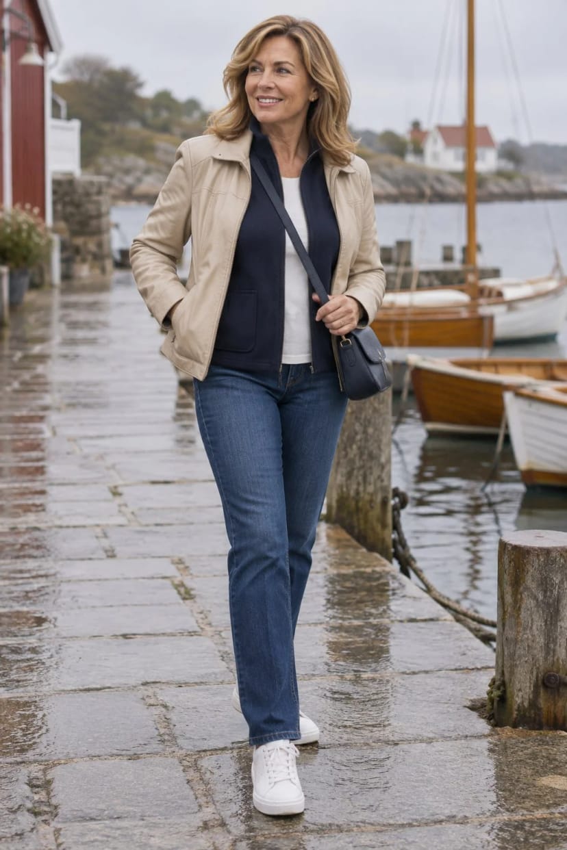 Frau trägt Nachtblau und Jeans auf Profilsohle – Nieseliger Nachmittag am Hafen, 9 Grad