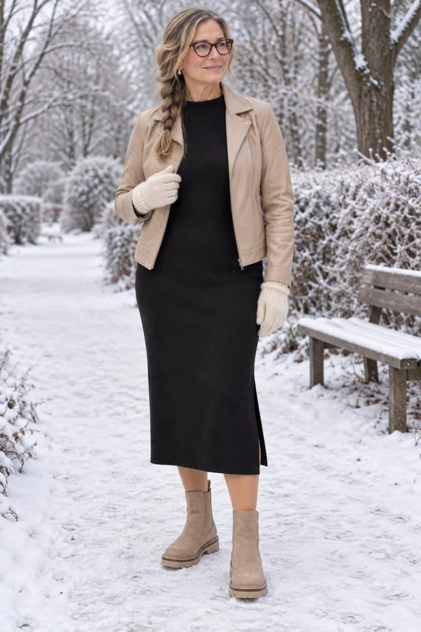 Frau trägt Schwarzes Kaschmirkleid mit Beige – Kalter, klarer Dezembertag, 3 Grad