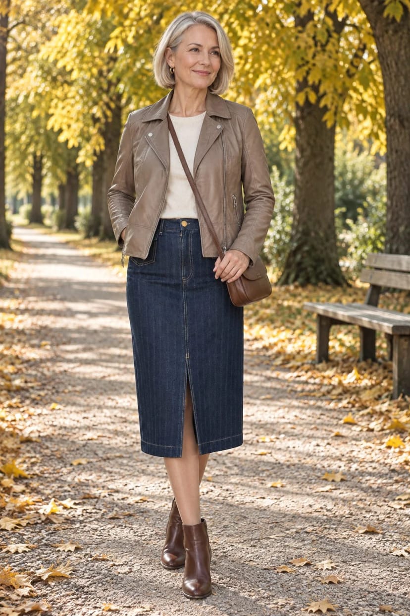 Frau trägt Taupe-Leder zum Jeans-Midirock – Sonniger Oktobernachmittag, 16 Grad