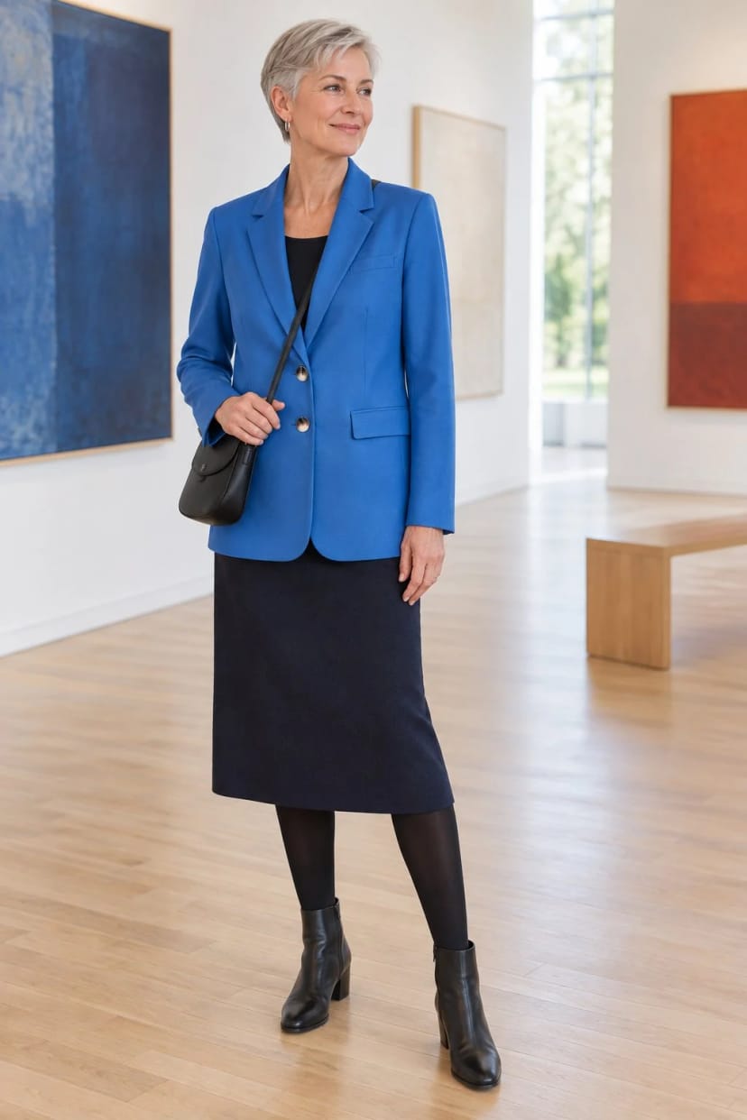 Frau trägt Azurblau in voller Länge – Vernissage am Samstagnachmittag