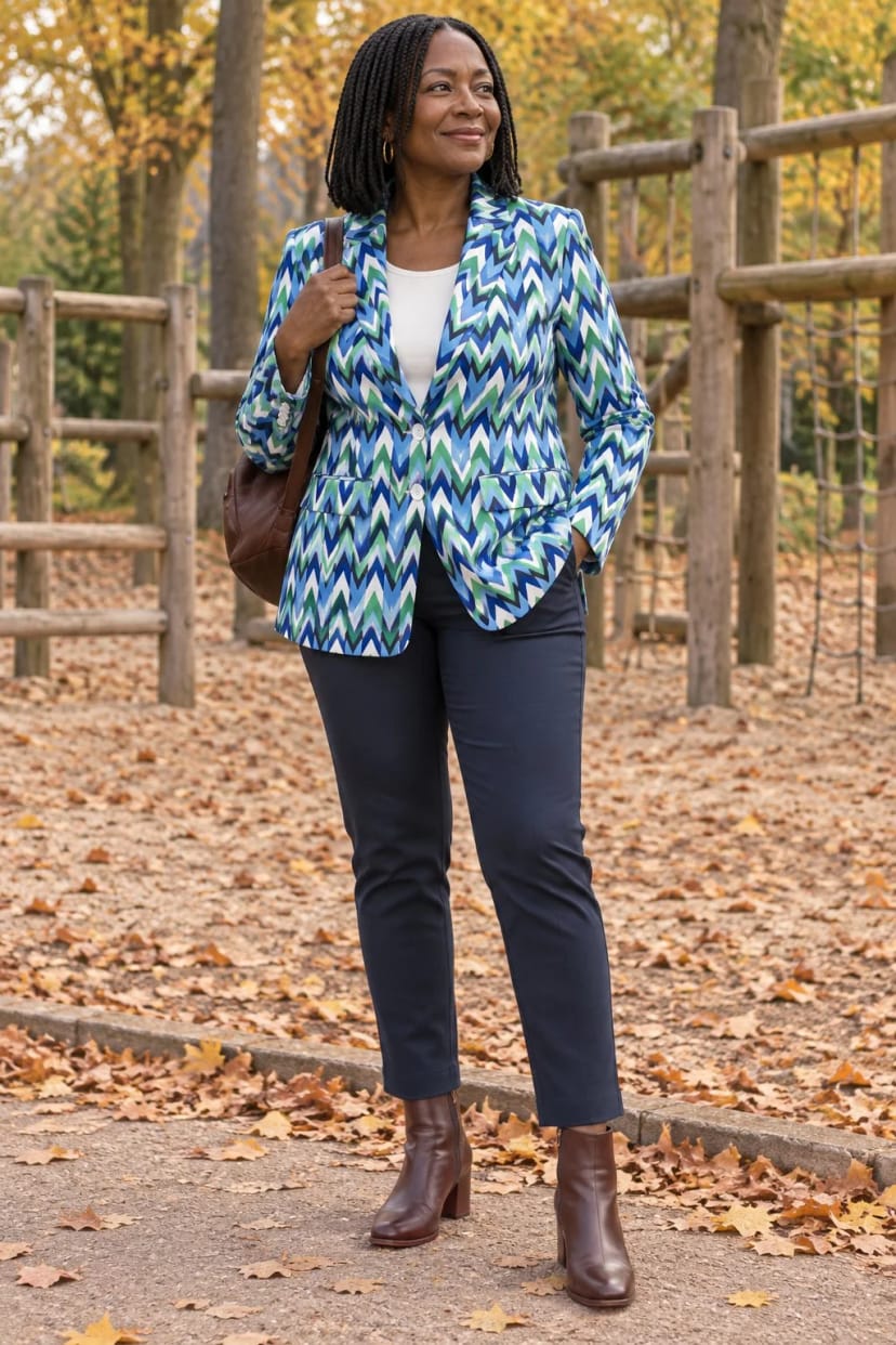 Frau trägt Print-Blazer mit Schalkragen – Nachmittag mit den Enkeln