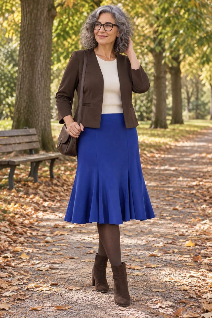 Frau trägt Royalblau schwingt unter Kaffeebraun – Herbstspaziergang im Park