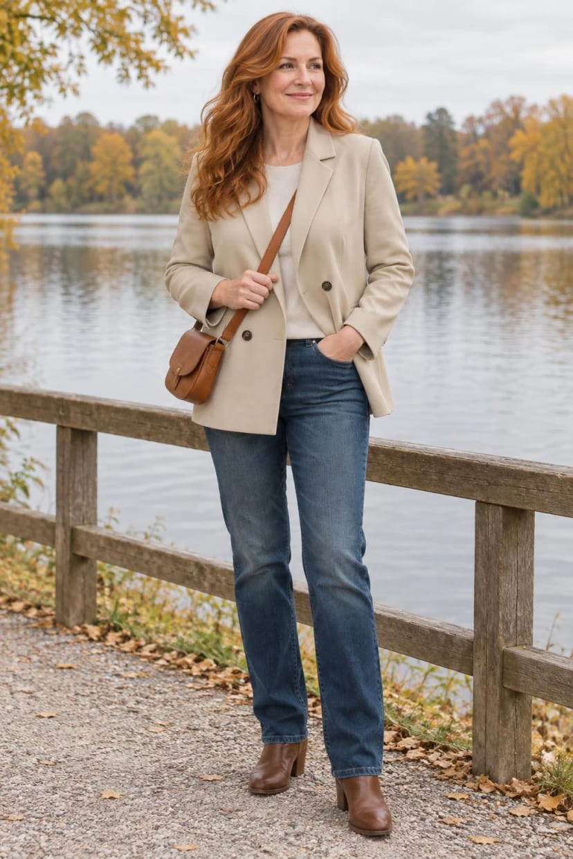 Frau trägt Zweireiher zur geraden Jeans – Spaziergang am See