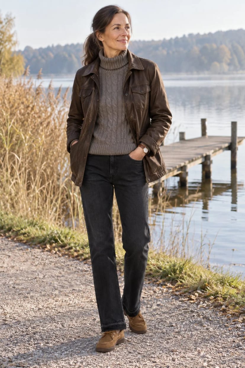 Frau trägt Grobstrick, Senf und Fieldjacket – Herbstspaziergang am See