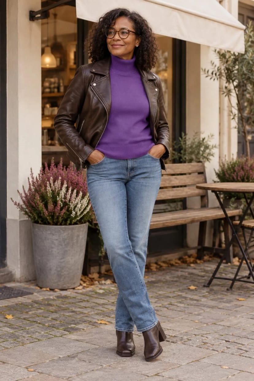 Frau trägt Lavendel unter Schokobraun – Cappuccino mit der Freundin im Café
