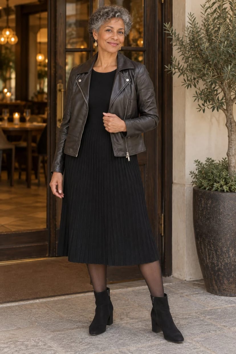 Frau trägt Schwarzes Midikleid, dunkles Leder – Abendessen beim Italiener