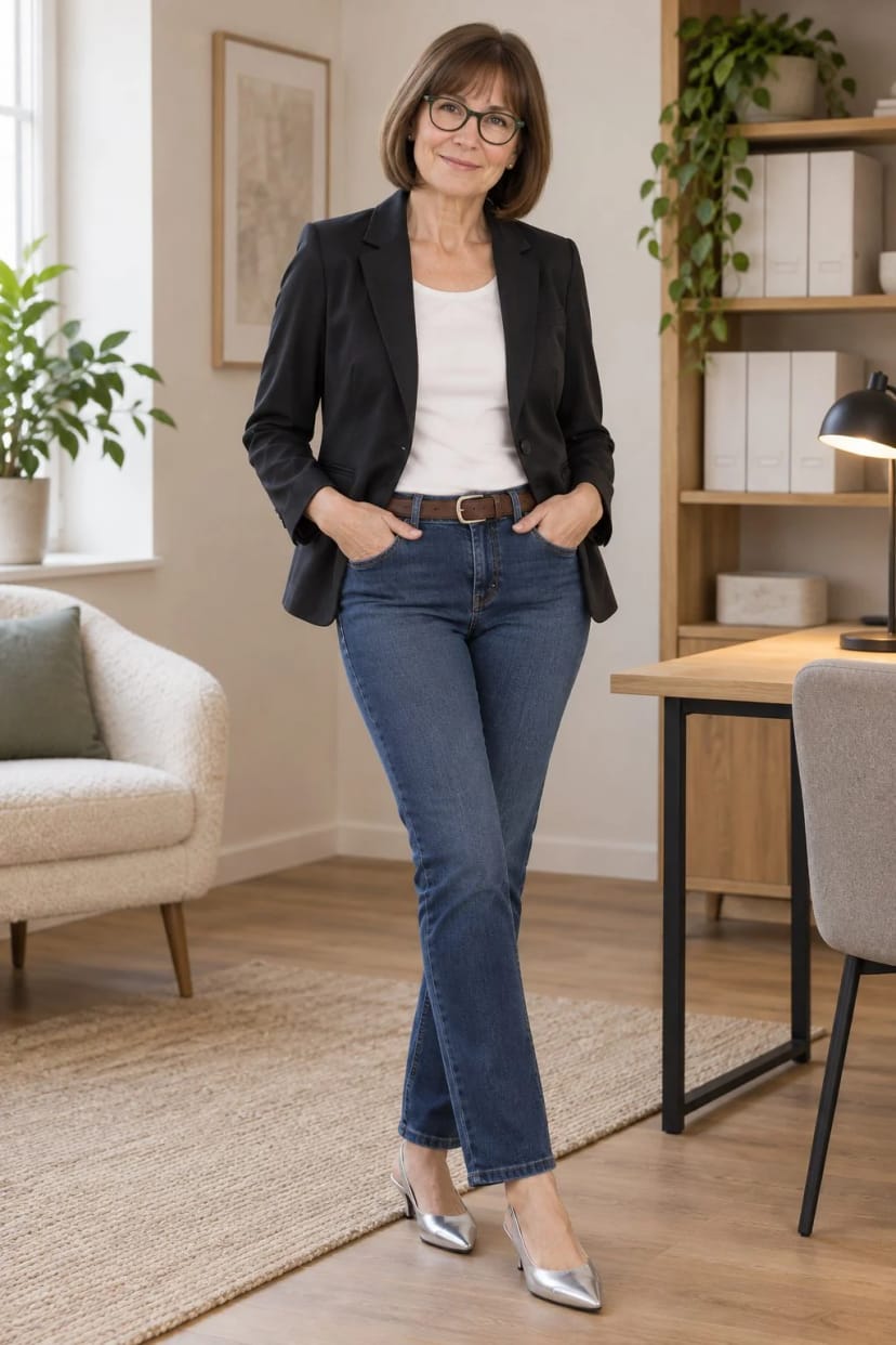 Frau trägt Anthrazit-Blazer zur dunkelblauen Jeans – Projekttag ohne Außentermine