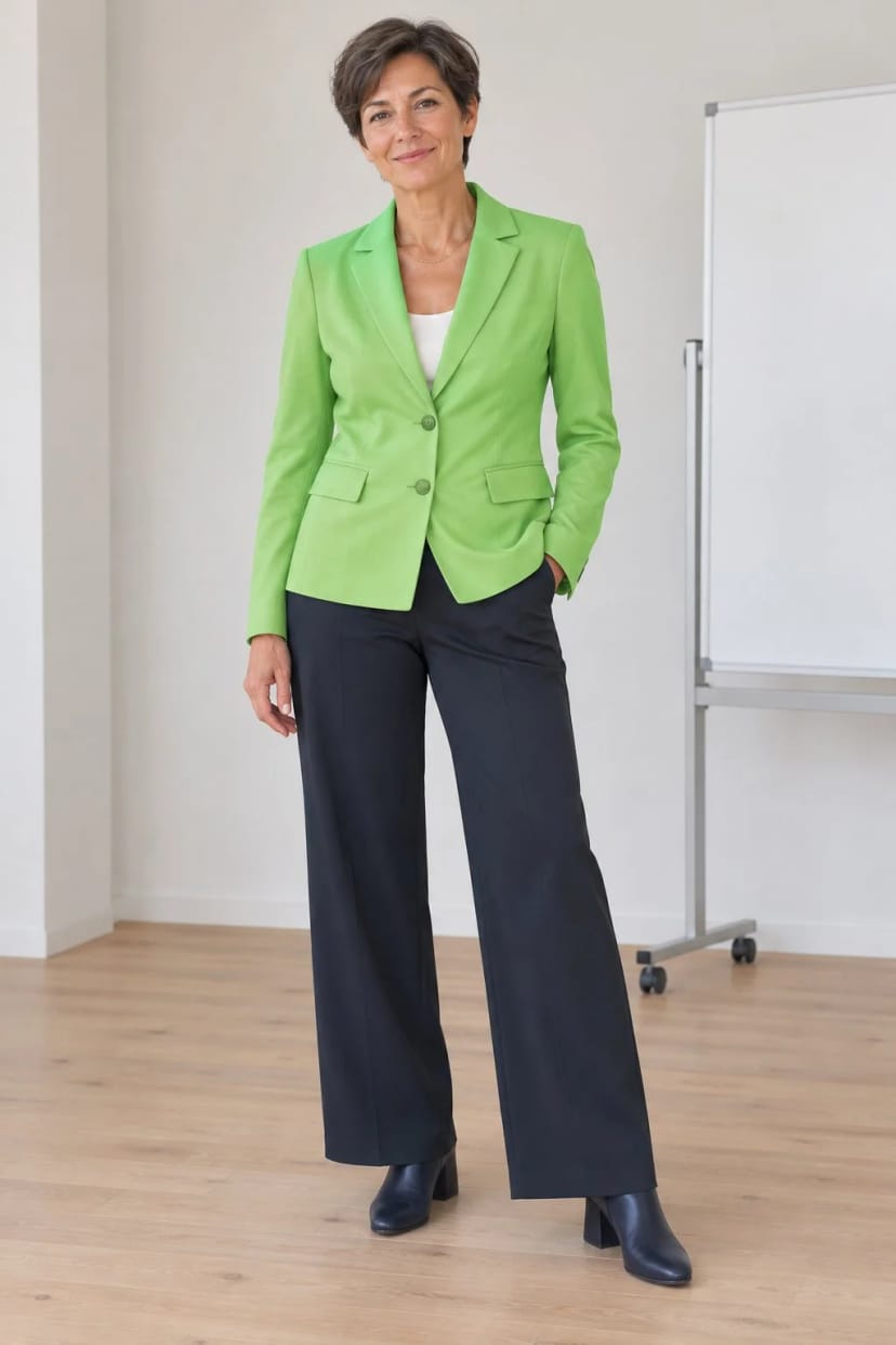 Frau trägt Kiwi-Blazer zur Palazzohose in Marine – Tag mit Workshop und viel Bewegung