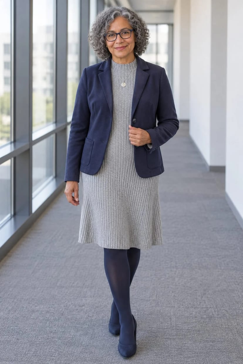 Frau trägt Nachtblauer Jersey-Blazer über grauem Strickkleid – Ganz normaler Mittwoch