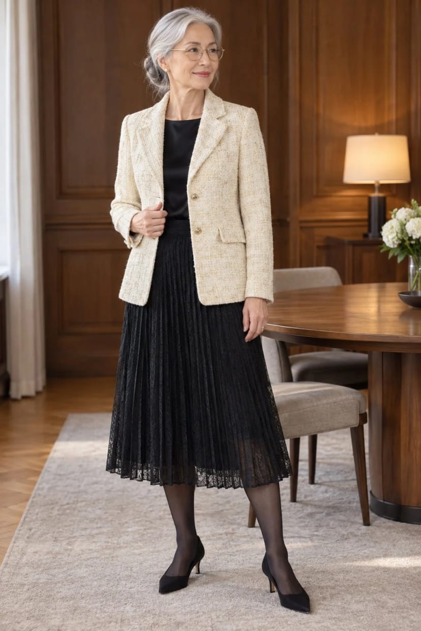 Frau trägt Bouclé-Blazer zum Sonnenplisseerock – Meeting mit Geschäftspartnern am späten Nachmittag