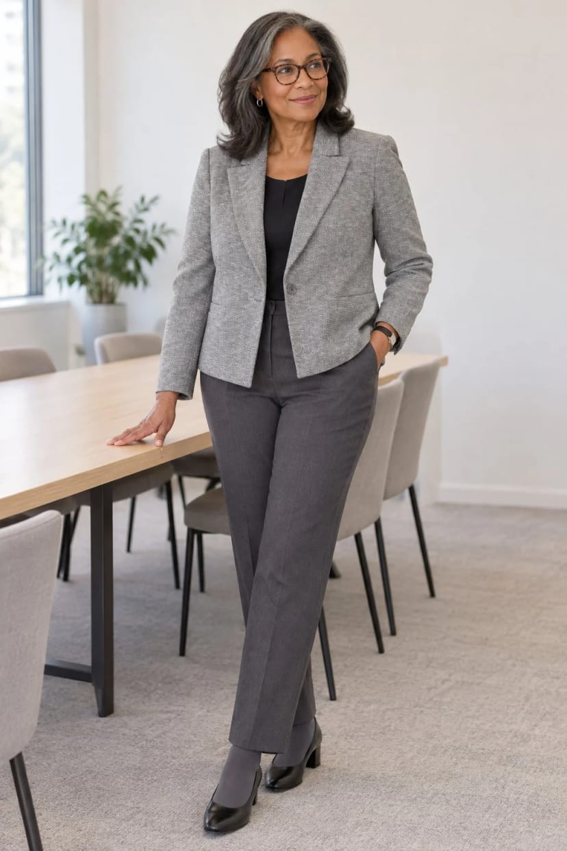 Frau trägt Grauer Boxy-Blazer zur Bügelfaltenhose – Teammeeting am Montagmorgen