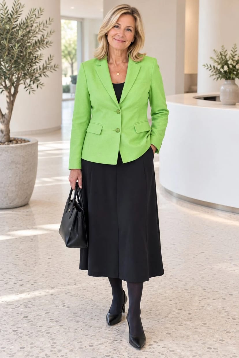 Frau trägt Kiwi-Blazer zum schwarzen Midirock – Zweitgespräch beim neuen Arbeitgeber