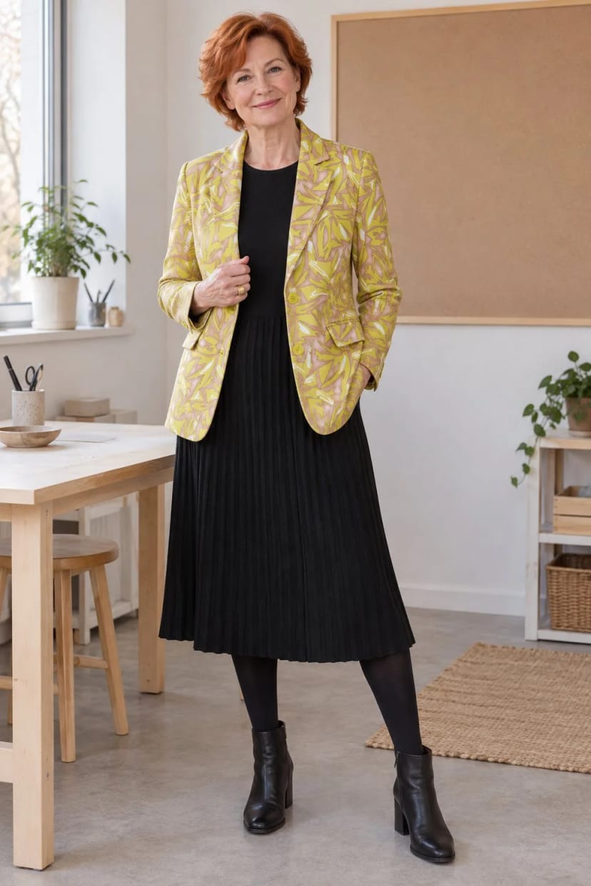 Frau trägt Print-Blazer über schwarzem Midikleid – Präsentation im Workshop