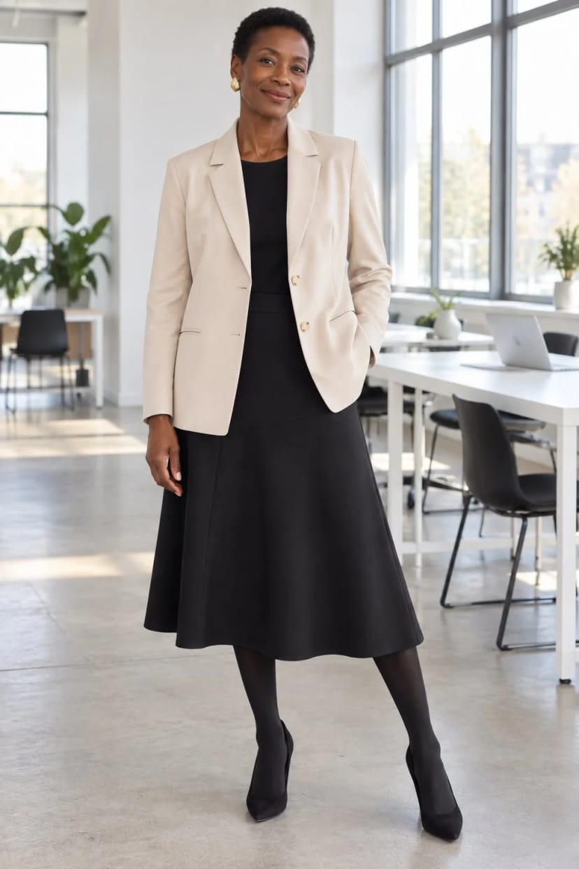 Frau trägt Tan-Blusenblazer zum ausgestellten Rock – Teambesprechung im Coworking-Space