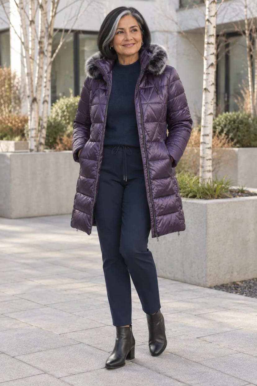 Frau trägt Aubergine-Kurzmantel mit Pink am Hals – Aubergine statt Schwarz