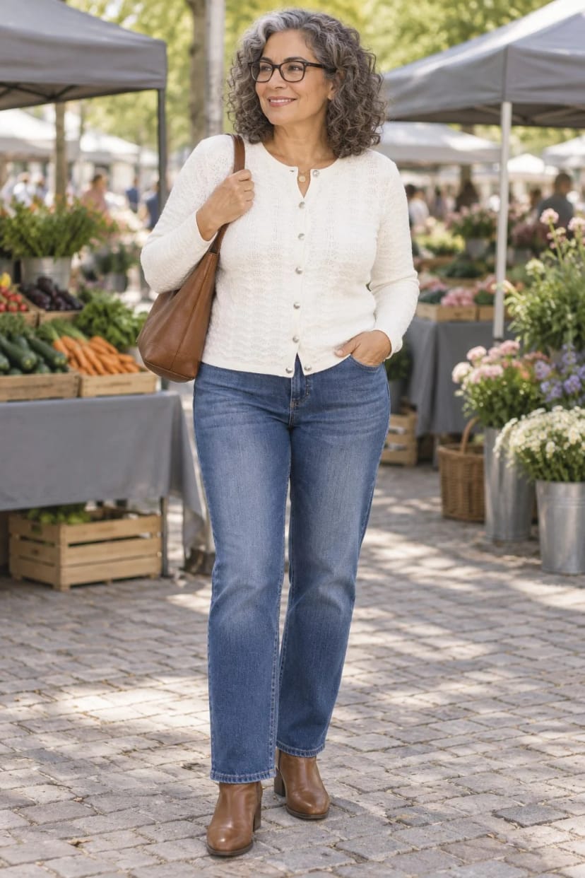 Frau trägt Kreideweiße Strickjacke zur Straight-Jeans – Helle Strickjacke, dunkler Kern