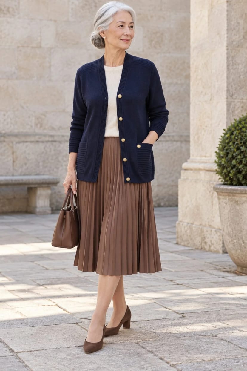 Frau trägt Marine-Strickjacke zum Plisseerock – Marine trifft Braun
