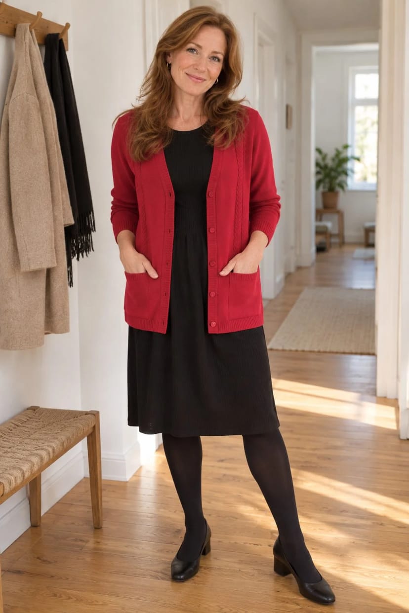 Frau trägt Rote Strickjacke über schwarzem Strickkleid – Rote Strickjacke als Farbtupfer