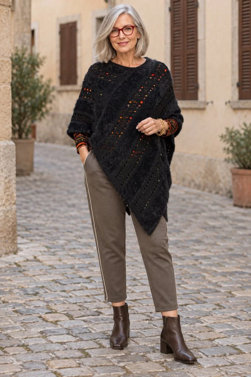 Frau trägt Schwarzer Poncho mit Rosé und Erdbraun – Poncho mit gerader Hose
