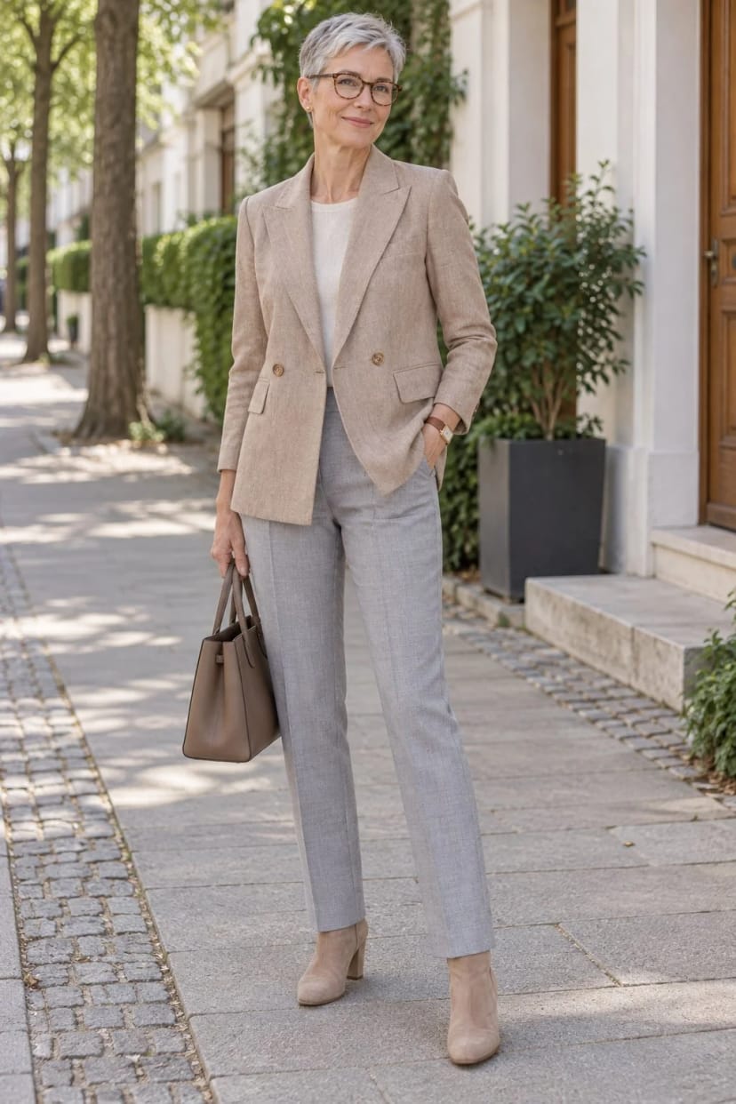Frau trägt Taupe-Blazer über Grau – Ton in Ton mit Doppelreiher