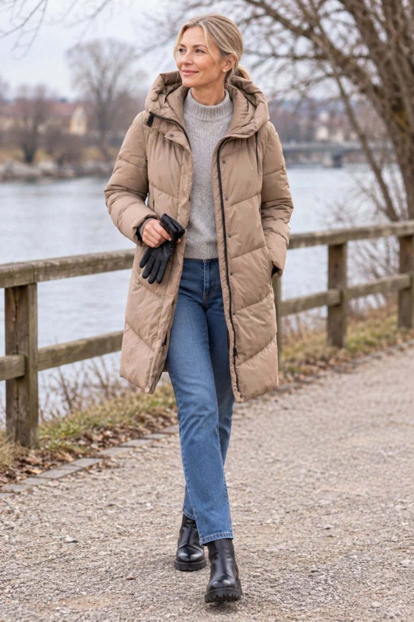 Frau trägt Taupe-Kurzmantel mit Schnürstiefeln – Wattierter Kurzmantel zur Jeans
