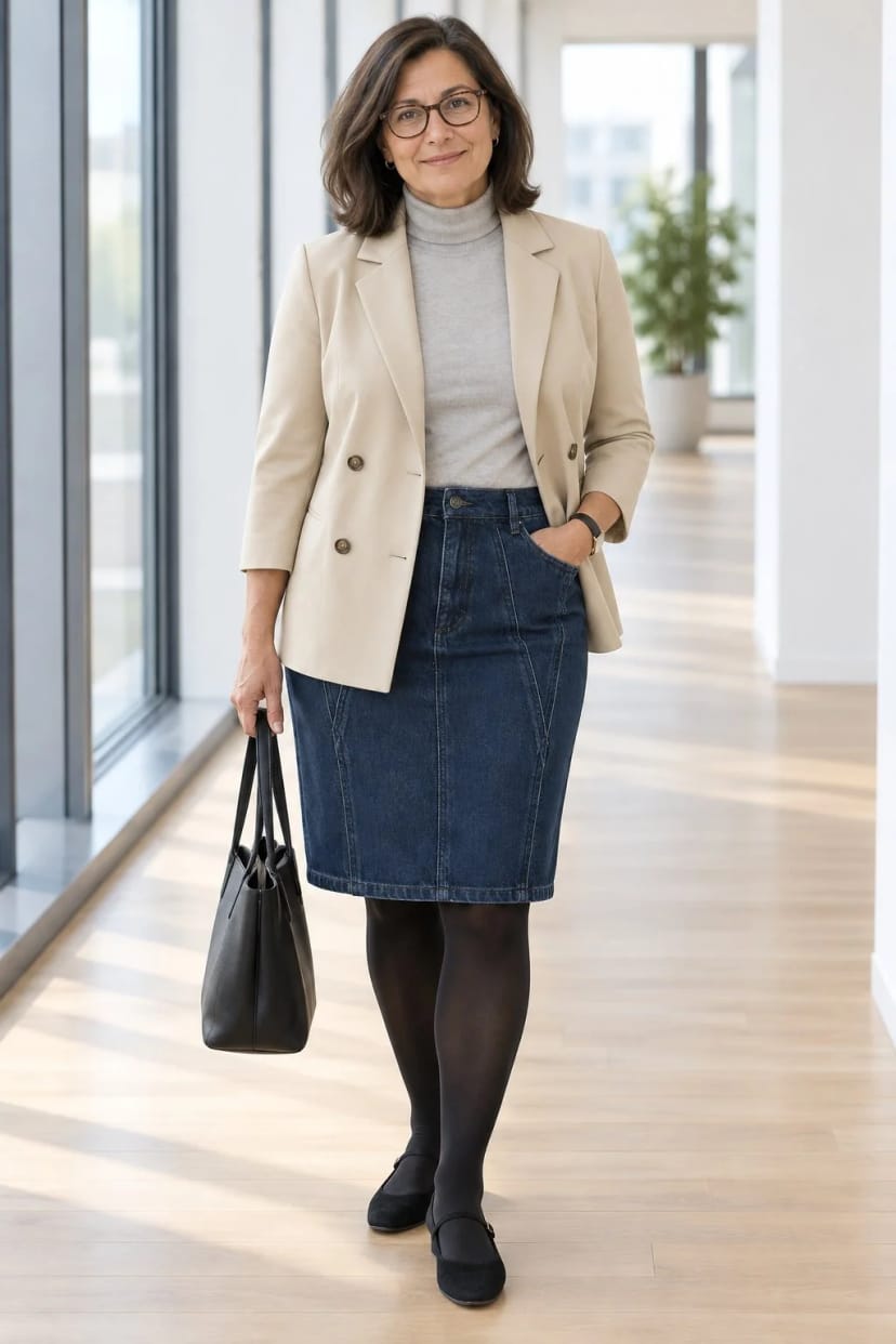 Frau trägt Dunkler Rock, heller Blazer – Besprechung am Vormittag