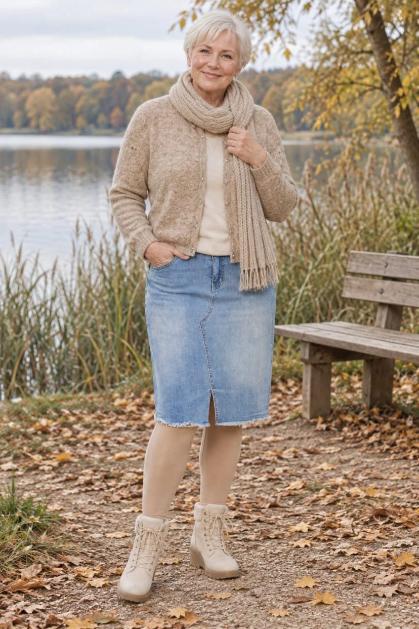 Frau trägt Helles Blau mit Beige und Creme – Spaziergang am See