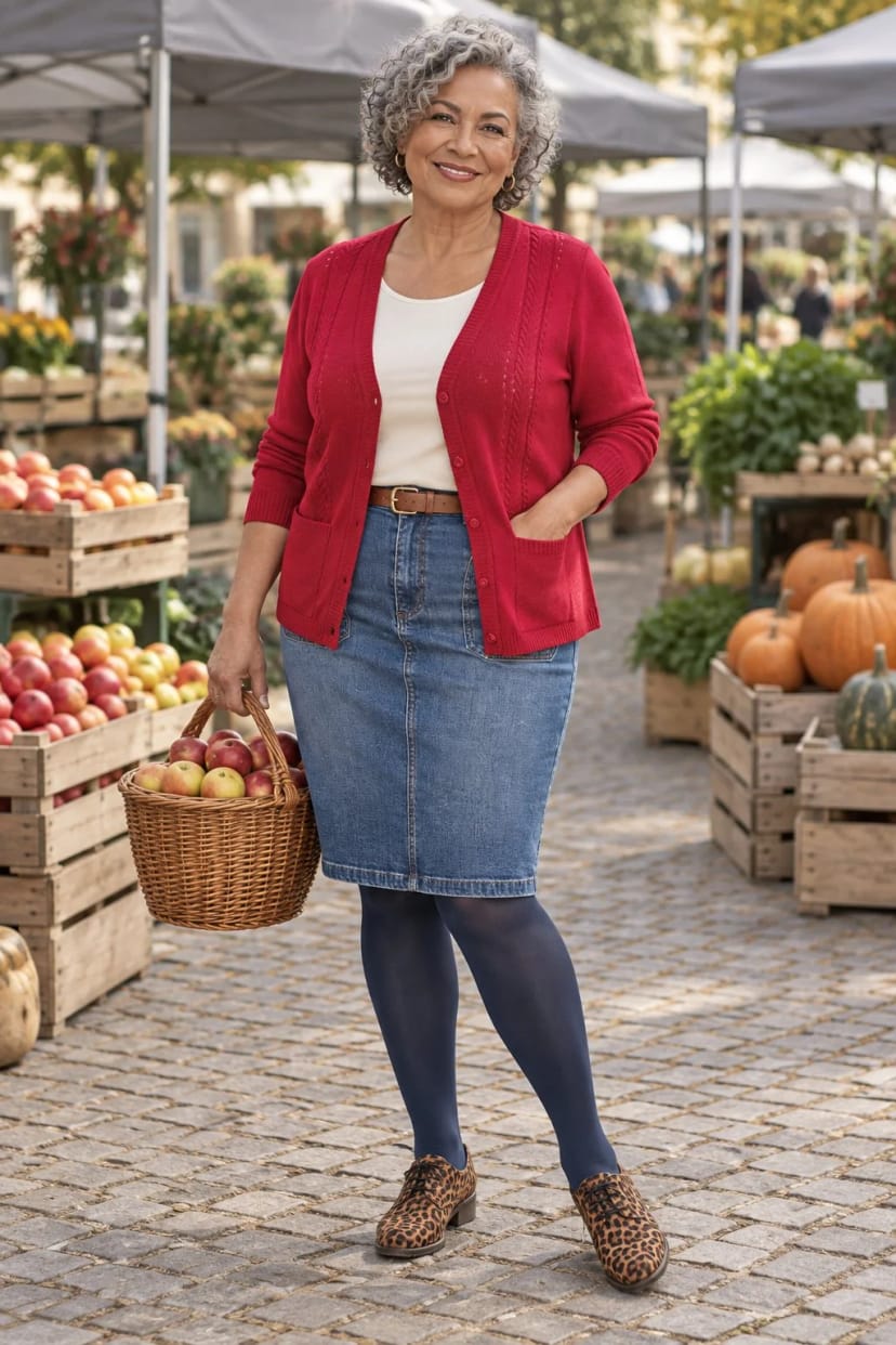 Frau trägt Rote Strickjacke als Farbtupfer – Samstag auf dem Wochenmarkt
