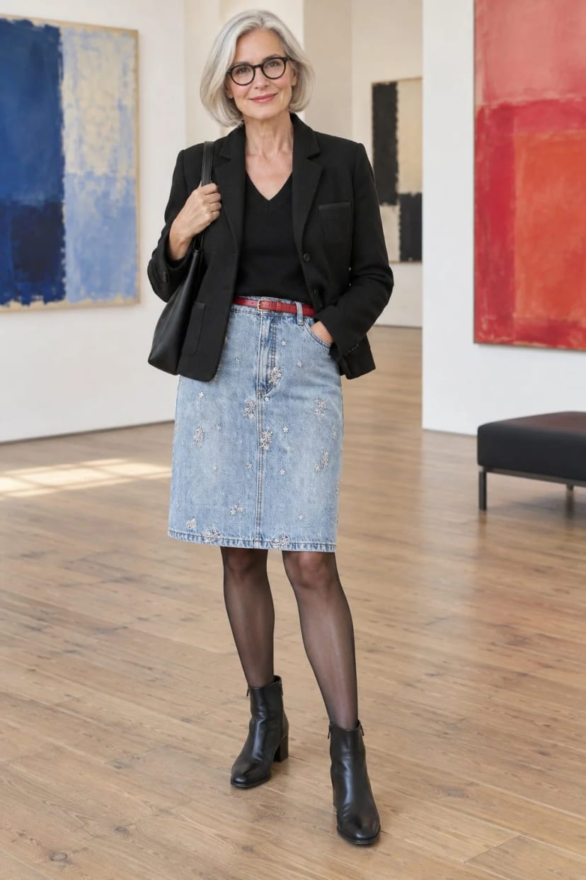 Frau trägt Schwarzer Kurzblazer zum bestickten Rock – Vernissage am frühen Abend
