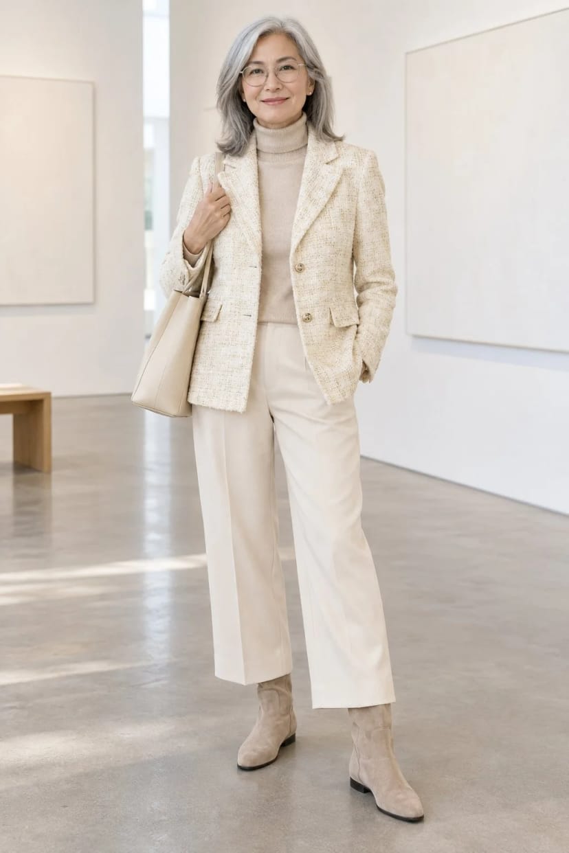 Frau trägt Fransenblazer mit Veloursstiefeln – Vernissage in der Galerie