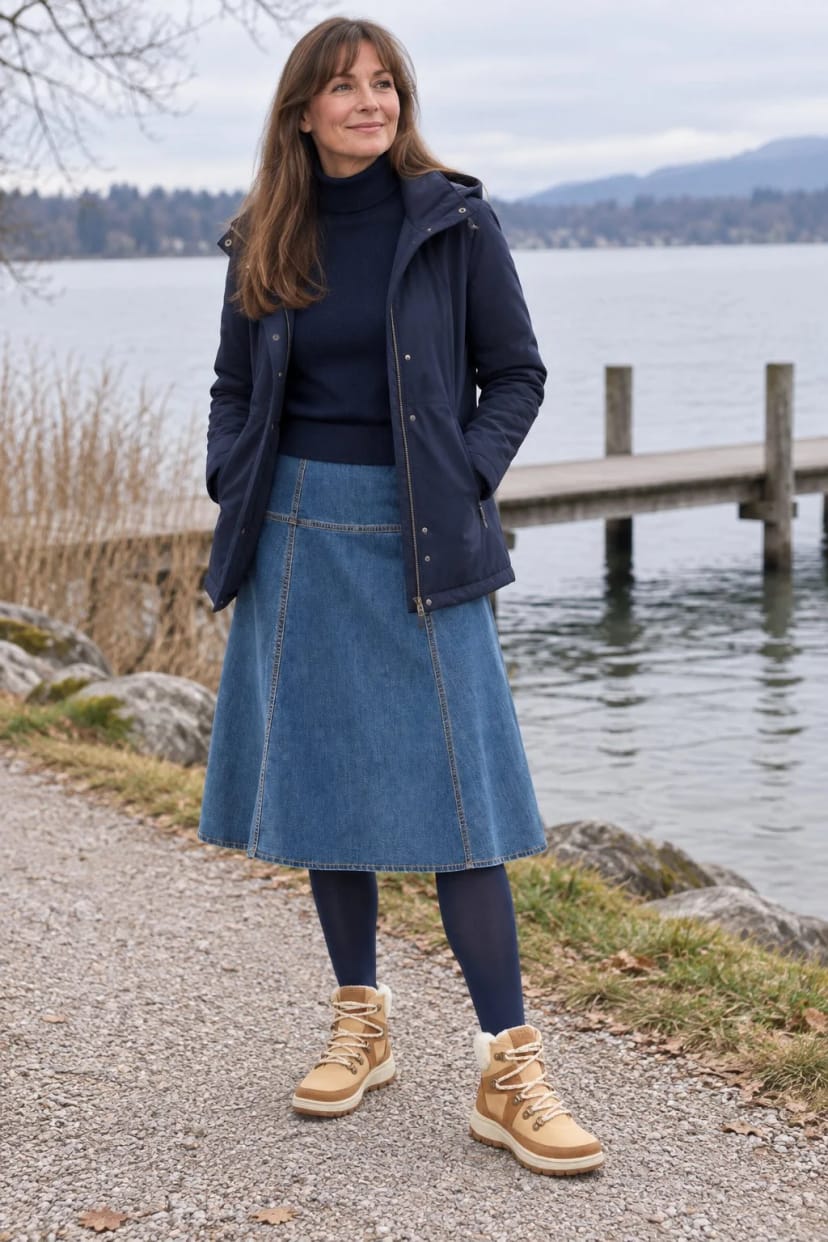 Frau trägt Jeansrock mit Kontrastnähten und Camel-Boots – Ausflug an den See im November