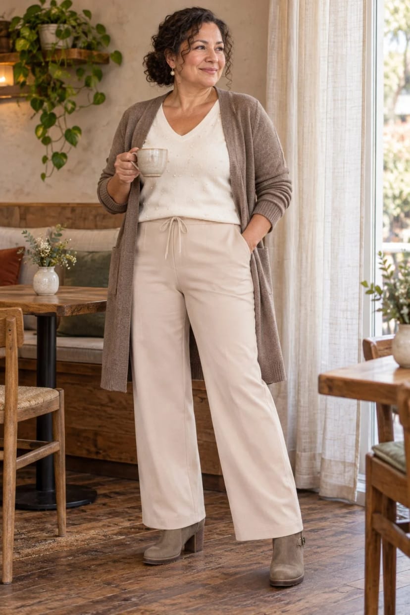 Frau trägt Weite Hose in Beige mit taupe Stiefelette – Kaffee mit der Schwester