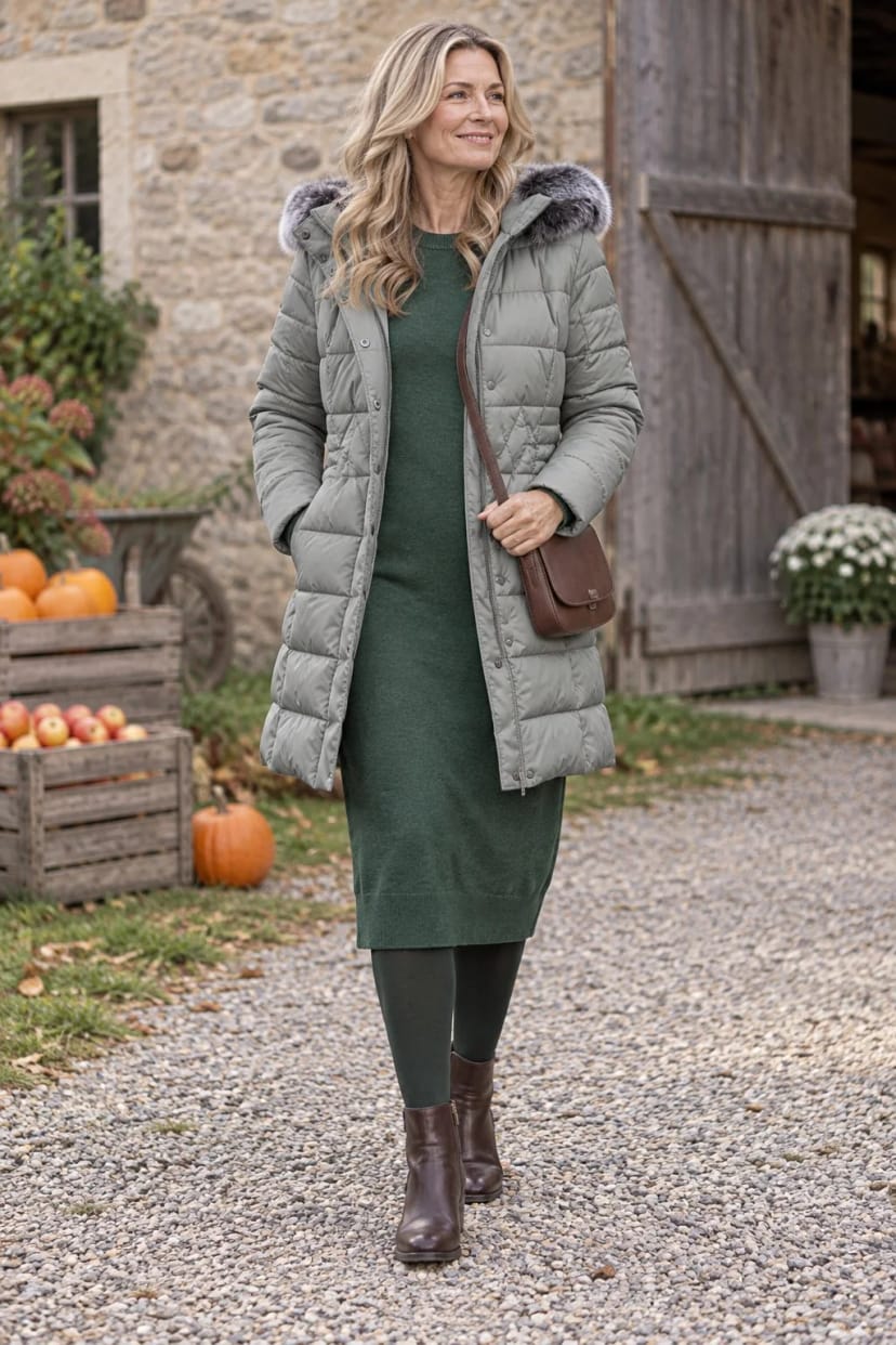 Frau trägt Dunkelgrünes Midikleid mit Kurzmantel in Jadegrün – Erntedank-Brunch auf dem Hofgut