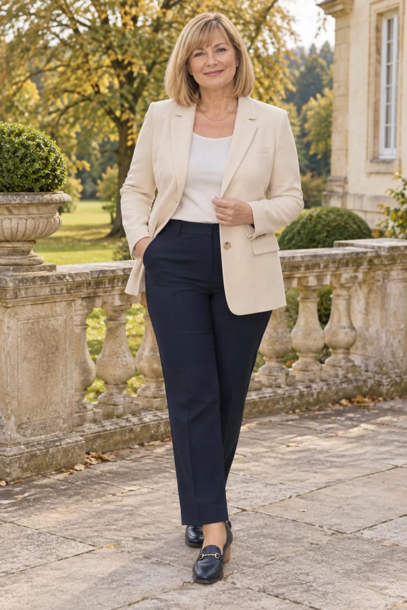 Frau trägt Floraler Jersey-Blazer zur marineblauen Bügelfaltenhose – Goldene Hochzeit der Nachbarn