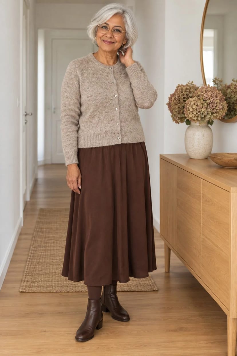 Frau trägt Midirock in Chocolate Brown mit beiger Strickjacke – Kaffeeeinladung bei der Schwiegertochter