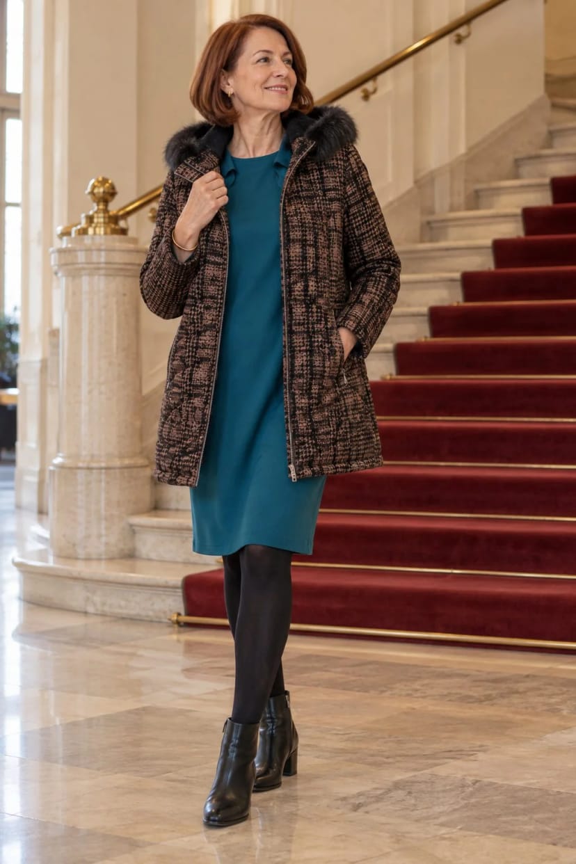 Frau trägt Smaragdkleid mit Chiffonärmeln und beflocktem Kurzmantel – Premiere im Stadttheater