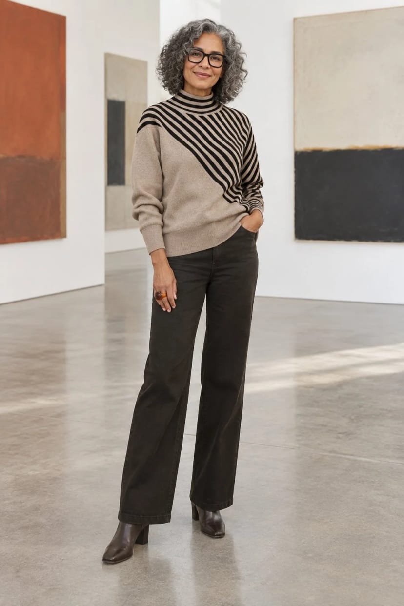 Frau trägt Weite Hose in Espresso mit gestreiftem Longpullover – Vernissage in der Galerie