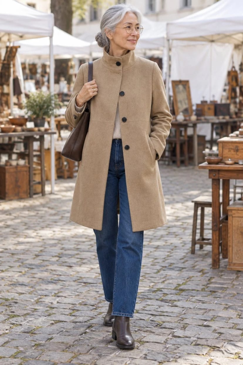 Frau trägt Dünenbeige über Indigo – Sonntags auf dem Flohmarkt