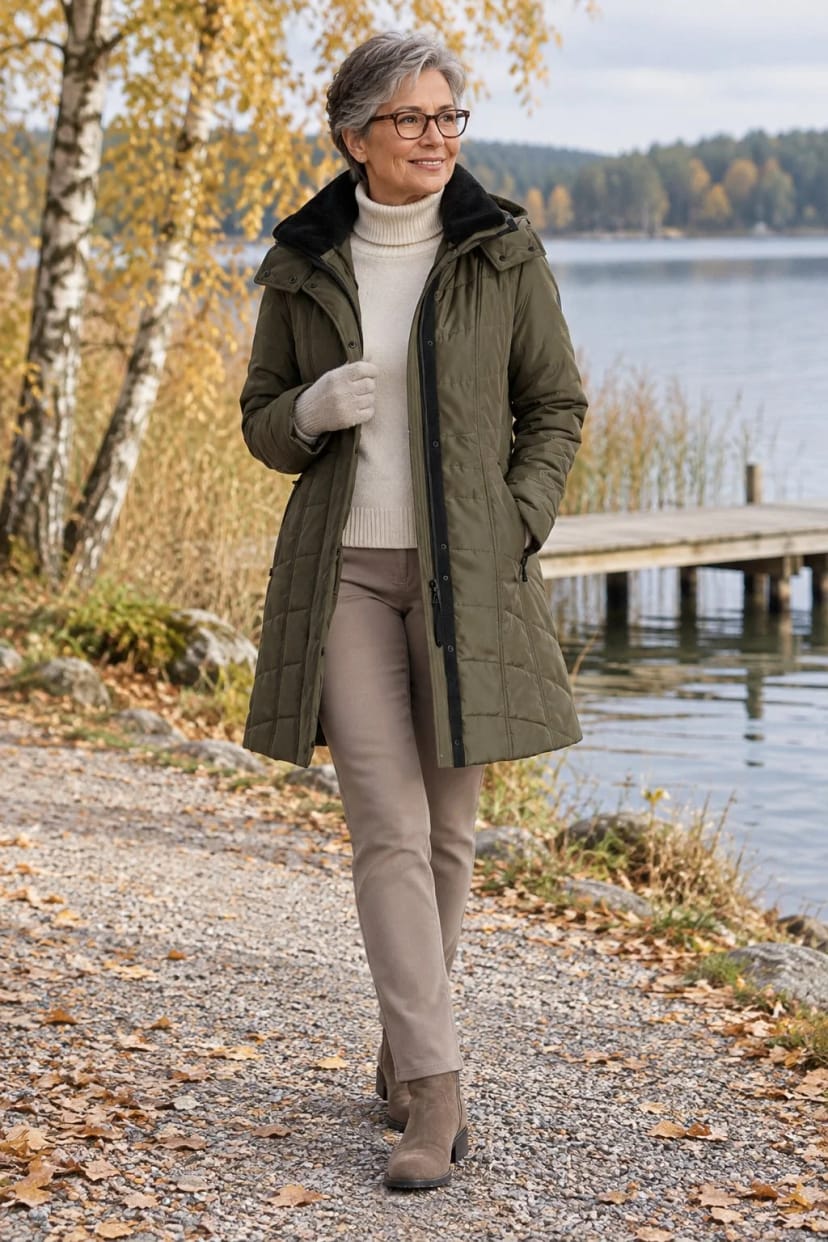 Frau trägt Loden mit Taupe und Altweiß – Herbstspaziergang am See