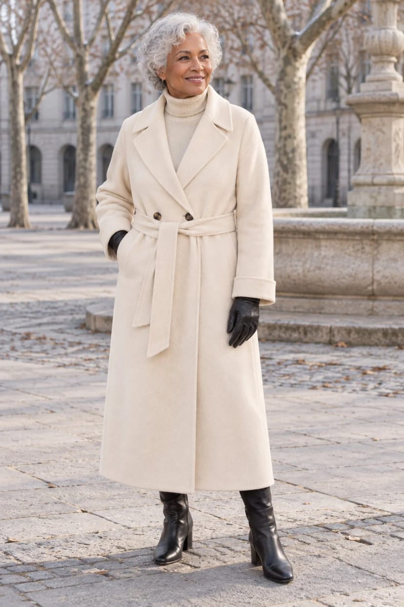 Frau trägt Winterweiß mit Smoky Grape – Wintermorgen in der Stadt