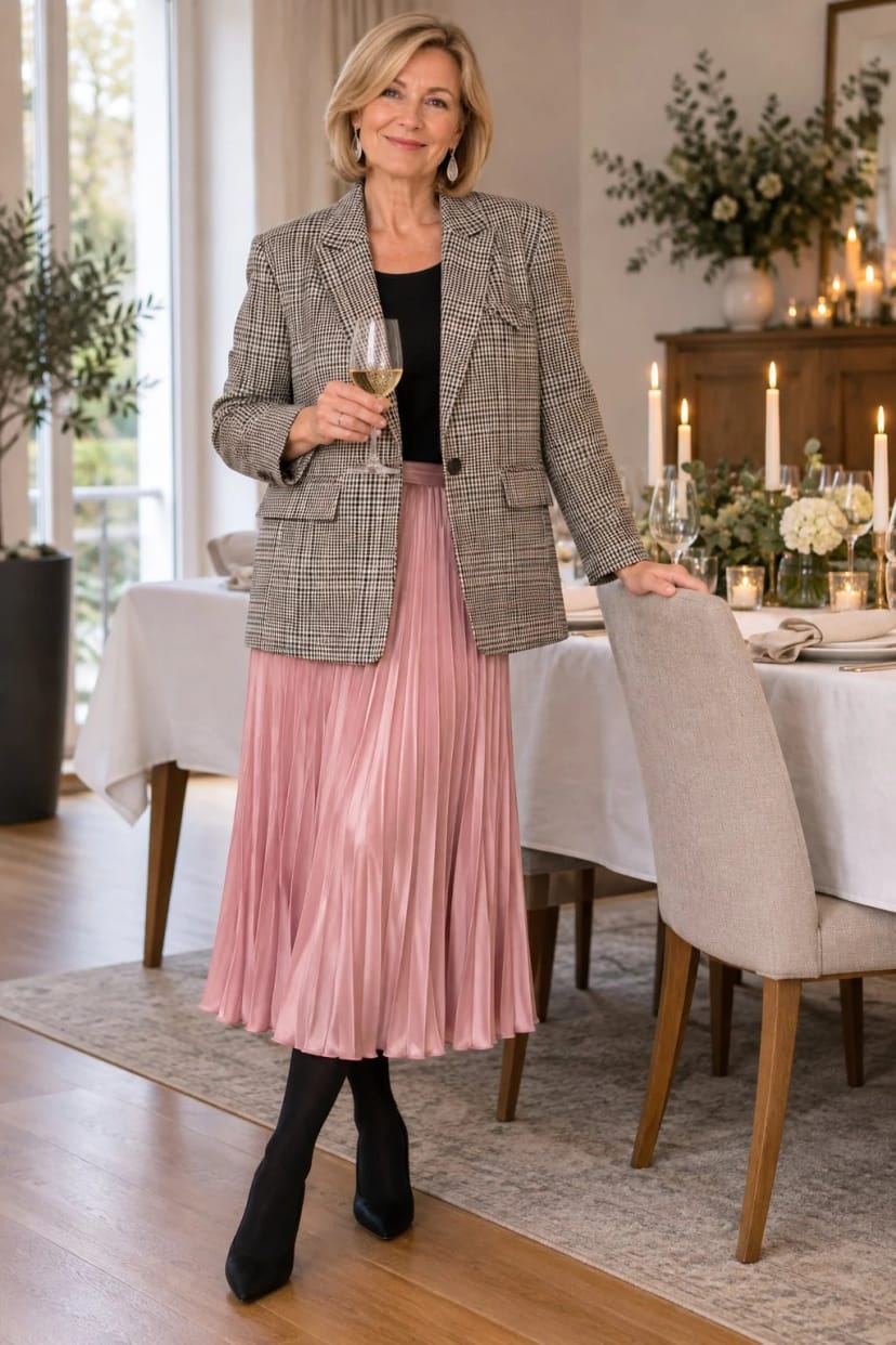 Frau trägt Karierter Blazer mit rosé schimmerndem Plisseerock – Festessen mit Gans, sechs Personen am Tisch