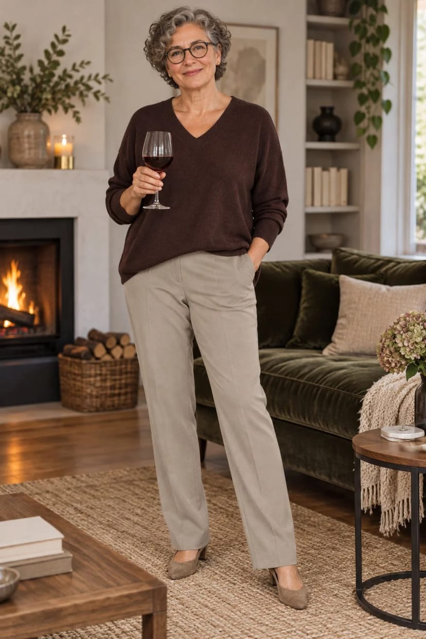 Frau trägt Langer V-Pullover in Braun über olivem Rolli – Nach dem Essen, Rotwein und Gesellschaftsspiel