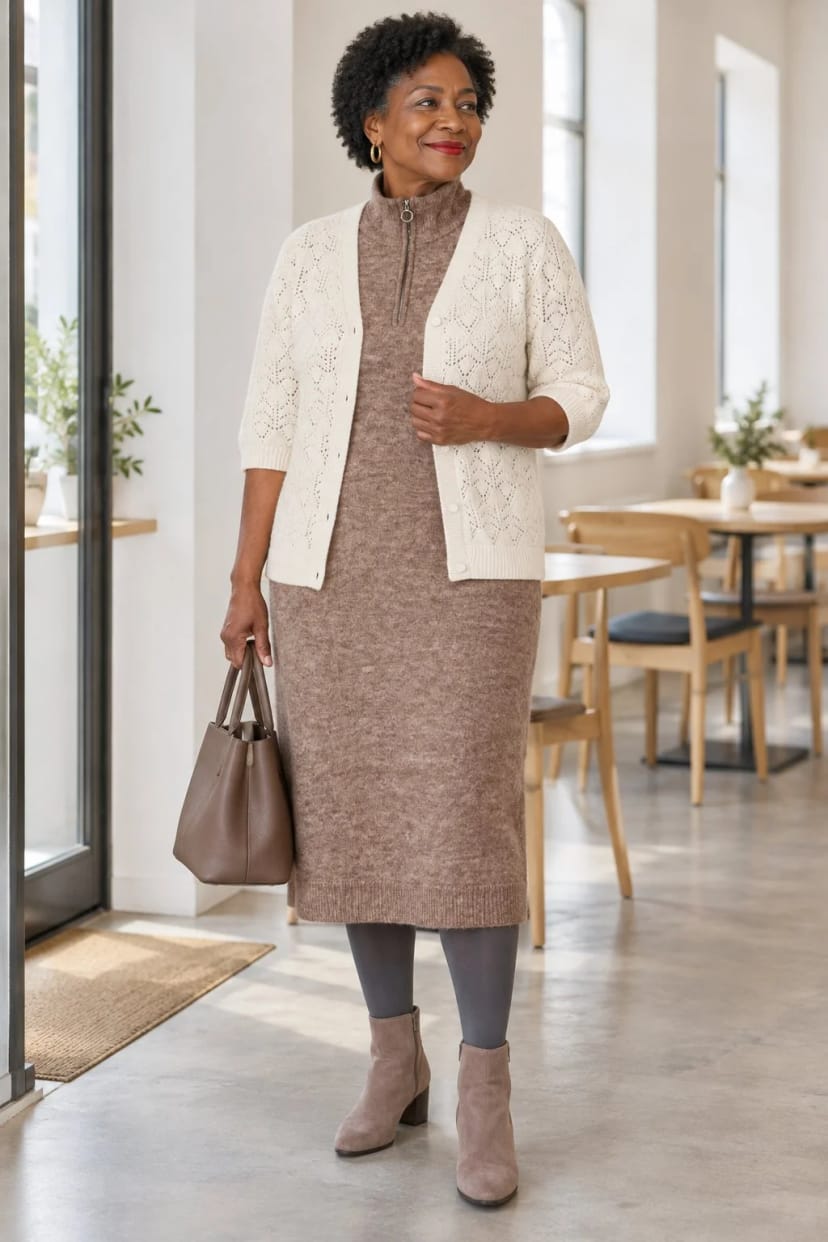 Frau trägt Midikleid mit Strickjacke zum Ausziehen – Nachmittag mit Freundinnen im Café, draußen 2 Grad, drinnen warm