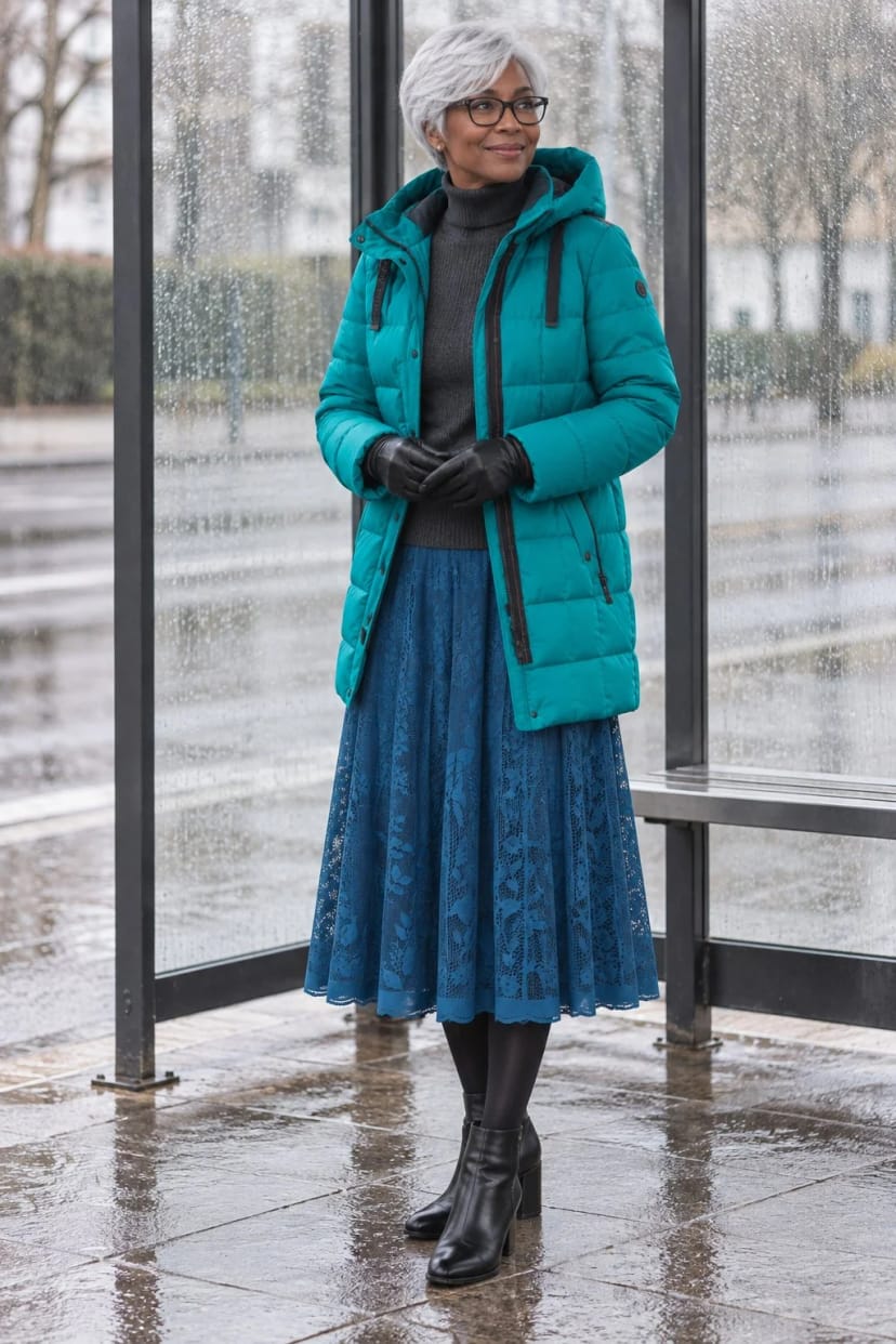 Frau trägt Petrol und Denim im Regen – Weg zur Arbeit mit Bus und kurzem Fußweg, Nieselregen