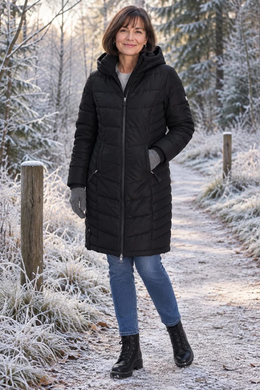 Frau trägt Steppmantel mit Farbe am Hals – Morgenrunde im Wald, Raureif auf den Wiesen, minus 1 Grad