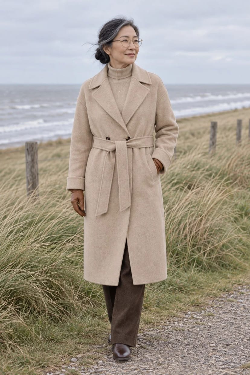 Frau trägt Ton in Ton in Beige – Sonntagsspaziergang am Deich bei kräftigem Wind, 7 Grad