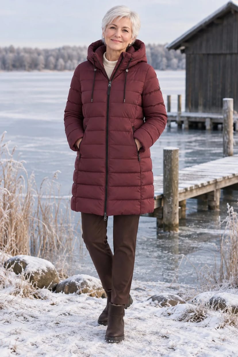 Frau trägt Weinrot mit Weste darunter – Kaffee am See mit der Schwester an einem frostigen Sonntag