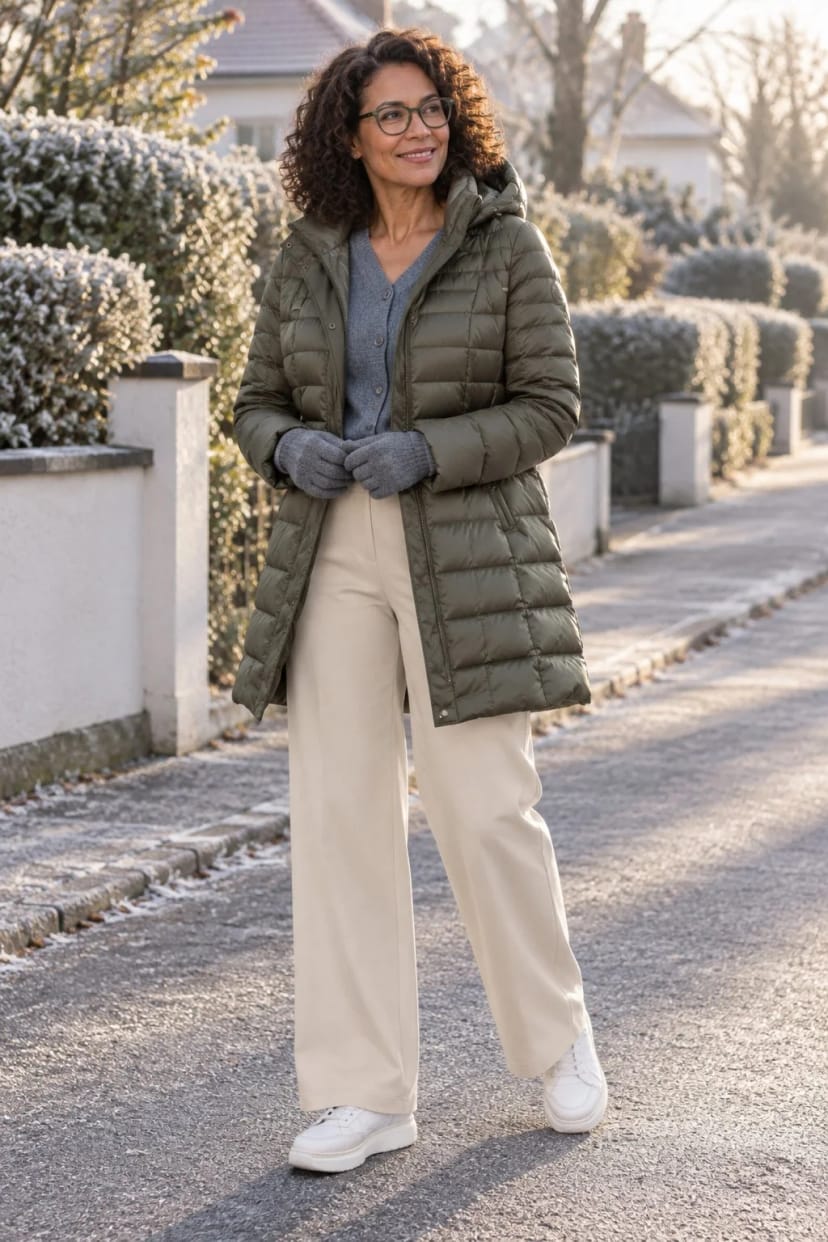 Frau trägt Daunen-Kurzmantel zur weiten Hose – Erster Frost am Morgen