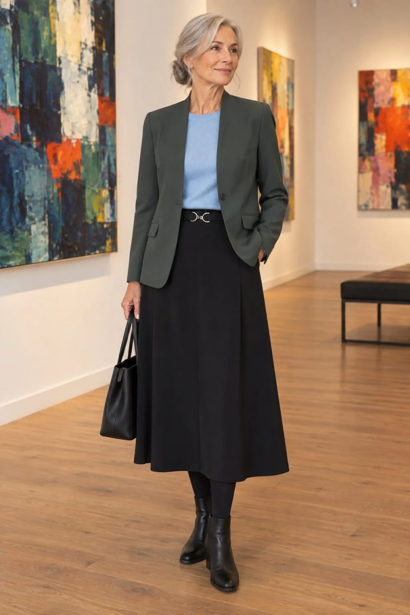 Frau trägt Grauer Kelchkragen-Blazer zum schwarzen Midirock – Vernissage am frühen Abend
